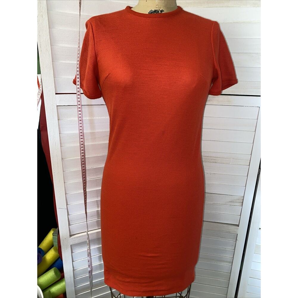 Vintage 60s Pique Knit Orange Mod Sheathe Pencil Dress Sz Small